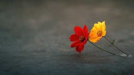 Red and yellow flower, together on dark textured background