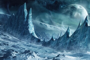 Frozen landscape on an alien moon with towering ice formations and a large celestial body in the sky during a mysterious twilight hour