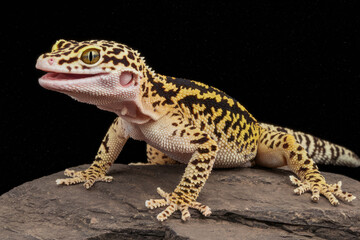 Fototapeta premium A small lizard with a yellow and black pattern is standing on a rock. The lizard has a mouth open, which suggests that it is either eating or communicating with another lizard. Black background