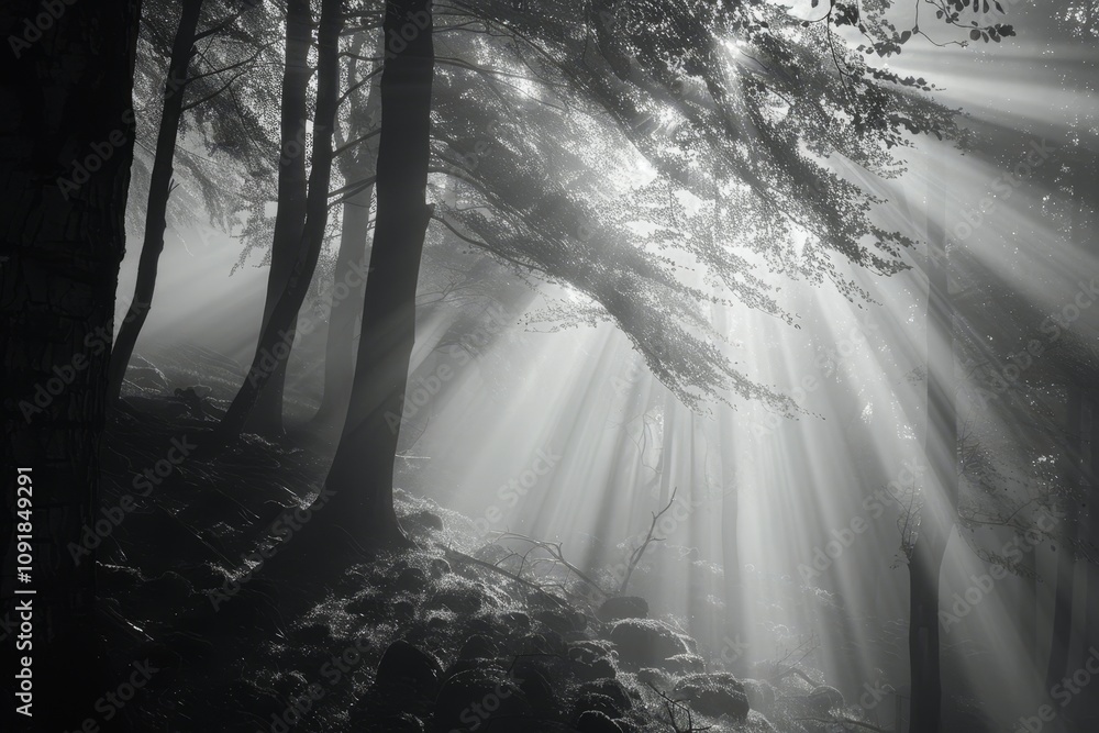 Aufkleber sunlight filters through tall trees in a misty forest, casting soft light and creating an enchanting