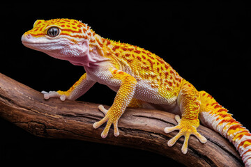 Obraz premium A yellow and white lizard is on a branch. The lizard is small and has a striped pattern. Black background