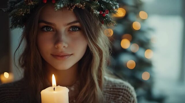 Slavic girl with herbal wreath on head holding burning candle on blurred winter background. Fantasy woman celebrating winter solstice holiday, Yule, Imbolc, Samhain, Koliada. Ethno folk style