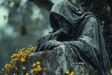 Fototapeta premium an ancient stone statue of a man in a hooded cloak, sitting thoughtfully on a rock with his head in his hand. 