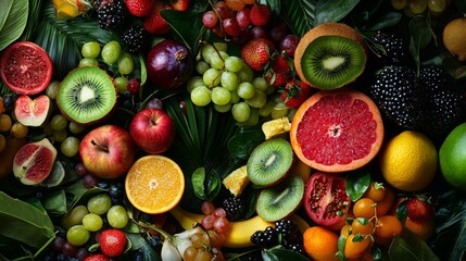 Assorted fresh fruits with vibrant colors and tropical leaves