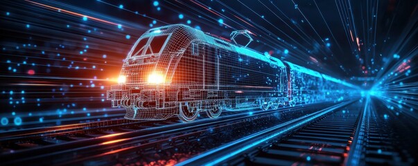 Fototapeta premium Futuristic wireframe hologram of an electric train on tracks