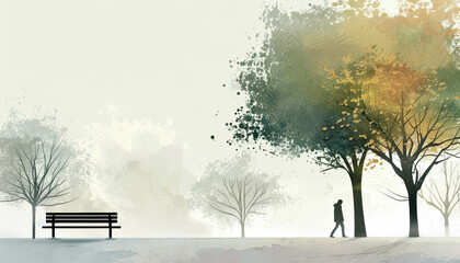 person walking by autumn park illustration, mindfulness and contemplation, in style of minimalism