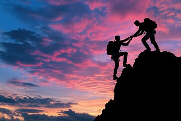 Fototapeta premium Mountaineers helping each other to climb rock at sunset
