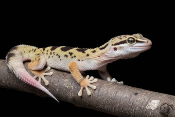 Obraz premium A small lizard is sitting on a branch. The lizard is brown and white with black spots. The lizard is looking at the camera. Black background