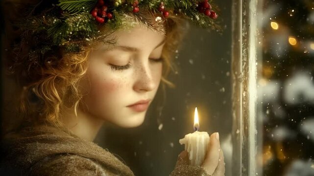 Slavic girl with herbal wreath on head holding burning candle on blurred winter background. Fantasy woman celebrating winter solstice holiday, Yule, Imbolc, Samhain, Koliada. Ethno folk style