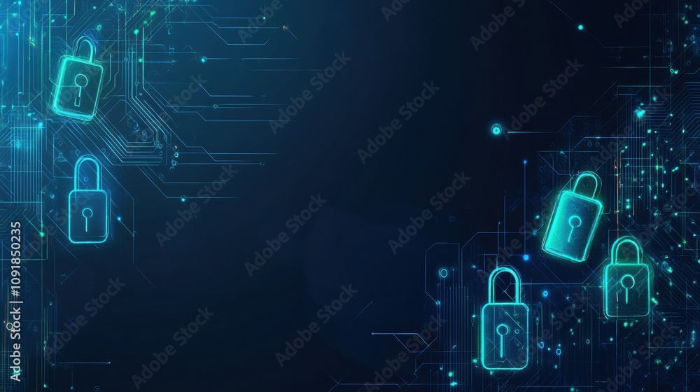 Aufkleber Abstract design features a blend of padlocks and keys against a dark tech-inspired background with glowing elements for security themes. Generative AI