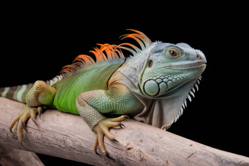 Obraz premium A green iguana with orange and blue stripes is sitting on a wooden branch. The lizard has a bright green body and orange and blue stripes on its head and tail. Black background