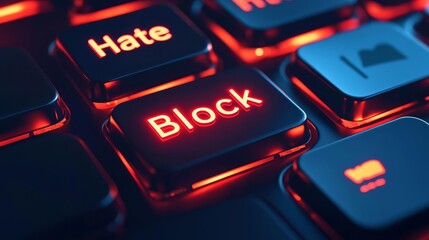 Cyberbullying Online Harassment Close-up of a keyboard showing illuminated keys for blocking hate messages online.