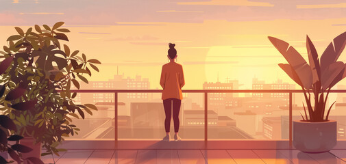 Fototapeta premium person standing at balcony of modern apartment with plants and greens and watching city skyline, dreamy atmosphere, colorful illustration