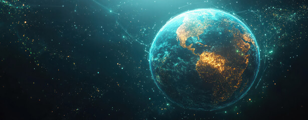 Obraz premium dynamic 3D digital globe showcasing network connections and illuminated continents, representing global connectivity and technology