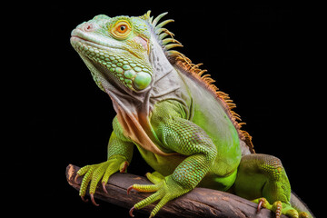 Obraz premium A green lizard with orange and white markings on its back is sitting on a branch. The lizard has a curious expression on its face. Black background