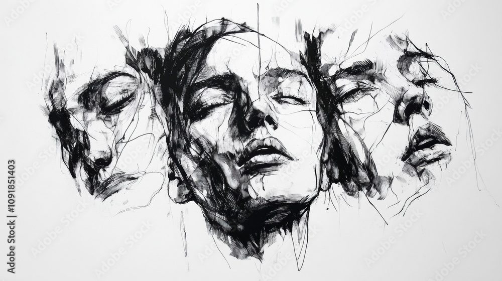 Poster black and white ink portraits capture intense emotions with powerful shadows and expressive line wor