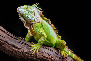 Obraz premium A green lizard is sitting on a branch. The lizard is green and has a long tail. The branch is brown and the background is black. Black background