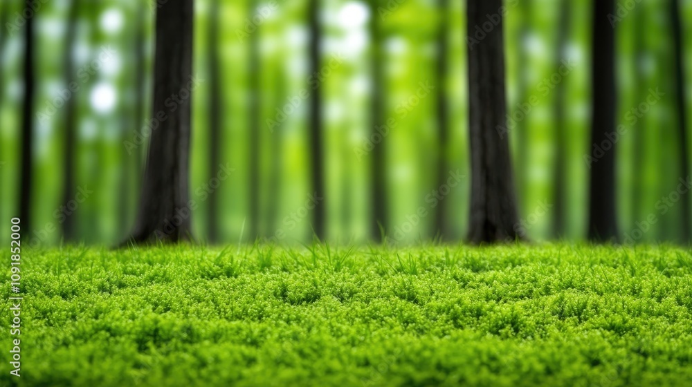 Poster sunlight filters through tall trees in a serene forest creating a vibrant green carpet of moss