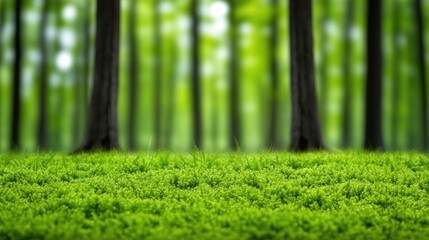 Fototapeta premium Sunlight filters through tall trees in a serene forest creating a vibrant green carpet of moss