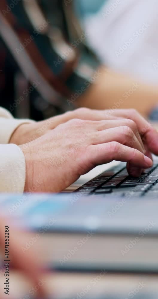 Aufkleber Hands, typing and keyboard in office for project, report or review with computer at startup company. Person, staff and employee with pc, click and process for editing, planning or feedback in Japan