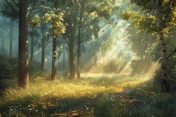 Obraz premium Sunlight filters through tree branches in a serene forest glade filled with flowers and greenery during the early morning hours