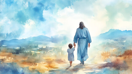 Fototapeta premium soft simple watercolor scene of Jesus walking with child, Jesus is holding the child's hand, both are facing away with their backs toward us