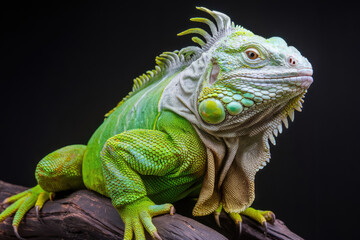 Naklejka premium A green iguana is sitting on a branch. The lizard is green and white with a green head. Black background