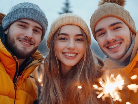 Friends Reunion New Year's Eve Celebration Sparkling Memories Under the Night Sky A group of happy friends lighting sparklers together, symbolizing reunion, friendship, and joyful celebration under
