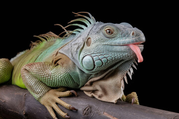Obraz premium A green and blue lizard with a tongue sticking out. The lizard is laying on a branch. The lizard is not moving. Black background