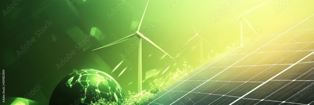 Poster solar panels and wind turbines are prominently displayed against a minimalistic background, emphasiz