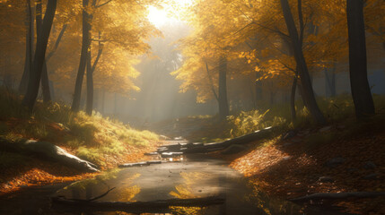 Obraz premium a beautiful autumn forest landscape with rays of light breaking through the tree crowns. 
