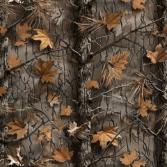 textured surface with elements of autumn nature. The background resembles tree bark with a cracked surface, on which are located thin branches and dry autumn leaves, mixed with dry pine needles.  