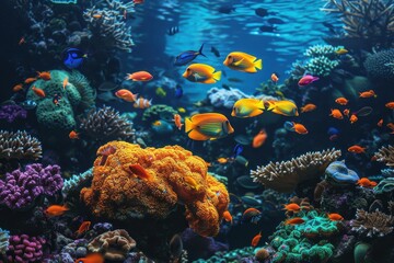 Vibrant coral reef bustling with colorful fish in a serene underwater environment during daylight hours