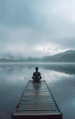 Fototapeta premium Meditation practice at sunrise by the tranquil lake surrounded by lush greenery in peaceful solitude, person man meditating