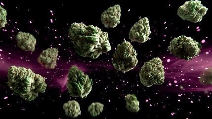 a lot of green cannabis buds flying in direction to the camera on a black background with purple shinning particles floating around