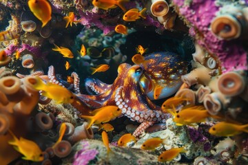 Colorful octopus amidst vibrant coral reef and schools of yellow fish in an underwater paradise, showcasing marine life diversity