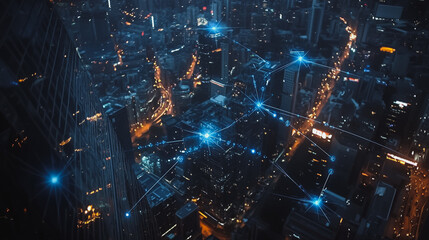 Obraz premium Smart digital Innovation Business skyscrapers in the Financial District with connection network reciprocity over the cityscape. of future smart wireless digital city and social media networking