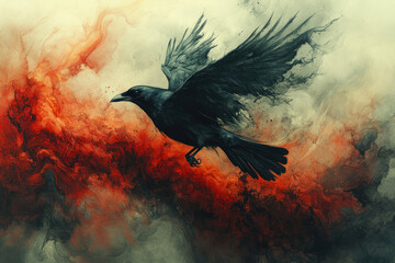 Fototapeta premium black raven in flight against an abstract art background. 