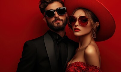 Elegant couple in dramatic red and black fashion outfits, posing confidently against vibrant red background. Haute couture and glamour concept.