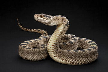 Obraz premium A snake is curled up on the ground. The snake is brown and black. The snake is not moving. Black background