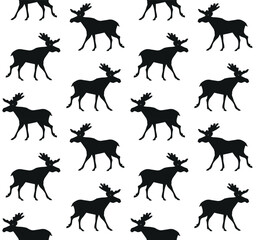 Vector seamless pattern of flat hand drawn moose silhouette isolated on white background