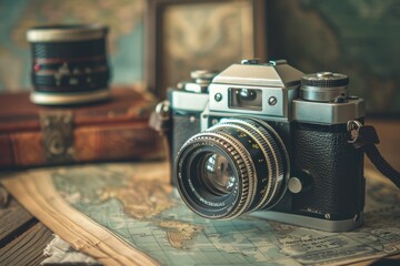 Classic medium format camera with detailed lens on display outdoors in natural light captured in black and white