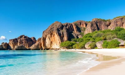Obraz premium Stunning nature landscape view. The view opens up to reveal a turquoise-blue water bay or inlet, bordered by steep, covered with dense greenery. Concept of relaxation, summer and holiday