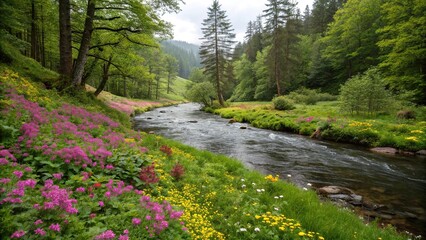 Fototapeta premium Spring river surrounded by a carpet of colorful wildflowers and lush greenery in a dense forest, plants, trees, forest, scenery, color palette