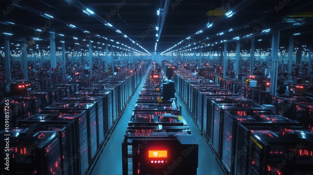 Poster A high-tech warehouse is illuminated with blue lights, showcasing rows of automated machines.