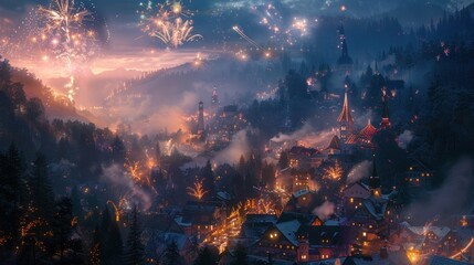 A picturesque village illuminated by fireworks at night.