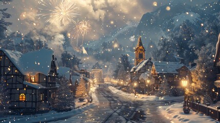 A snowy village scene with fireworks and festive atmosphere.