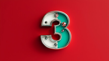 vibrant 3D metallic number 3 with colorful accents and decorative elements on red background. This striking design adds playful touch to any project