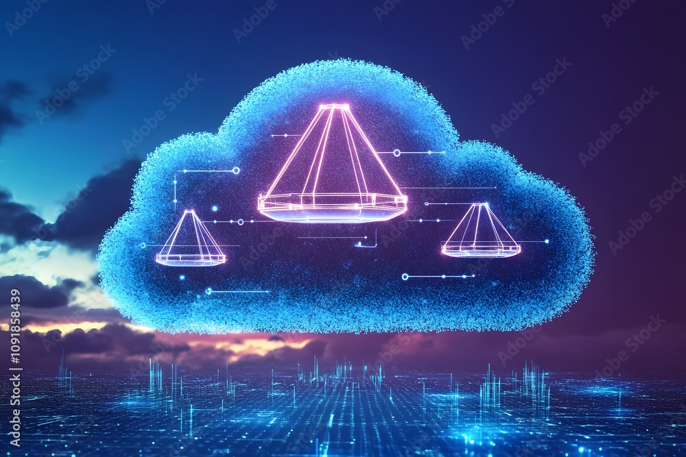 Poster a digital cloud with geometric shapes, representing data storage and technology concepts.
