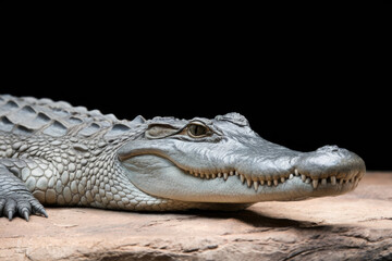 Obraz premium A crocodile is laying on a rock. The crocodile has a long snout and is looking at the camera. Black background